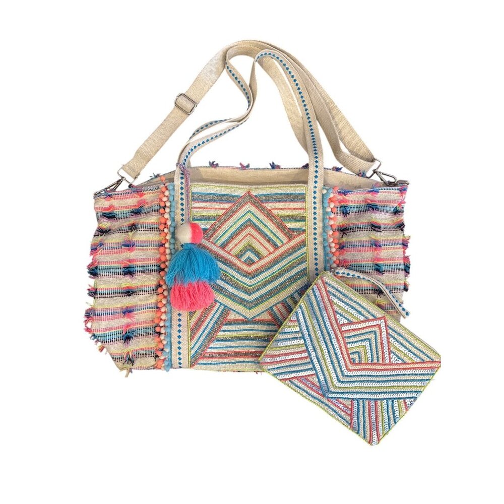 America & Beyond Boho Weekender Tote Bag Pouch Set Pom Tassel Stripe Beaded - Picture 2 of 16